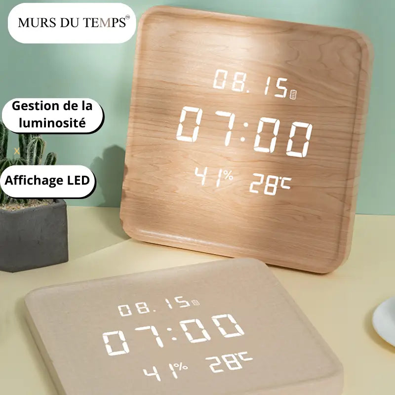 Digital Wood Wall Clock with LED Display - Round or Square