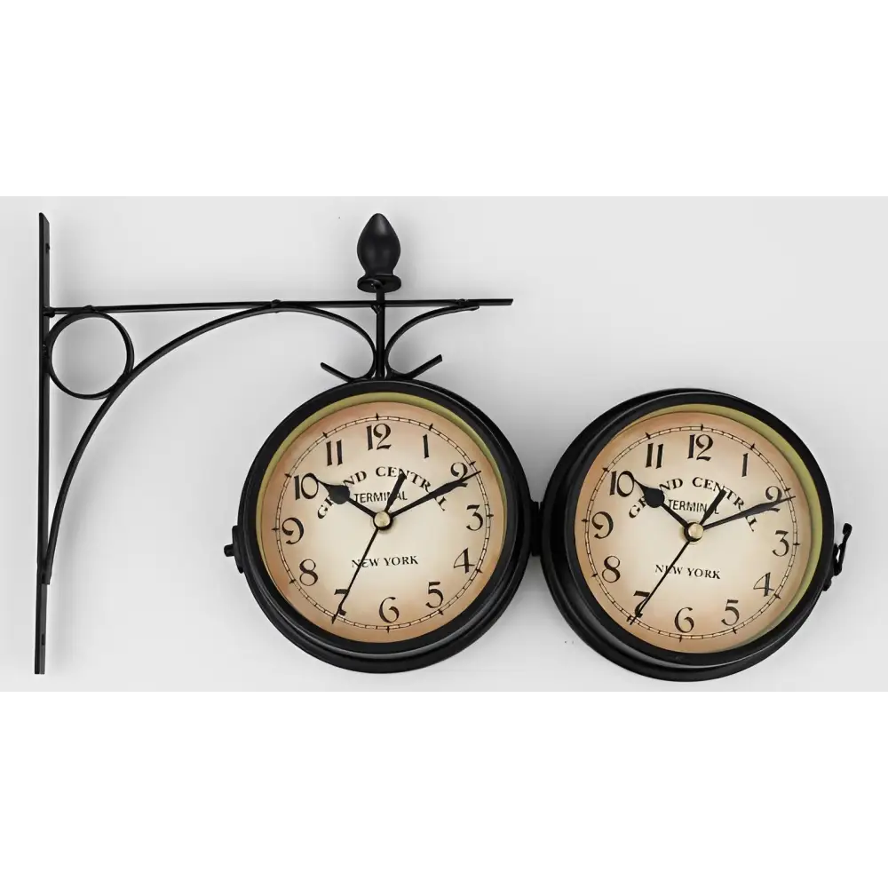Black vintage station clock showing dual quartz clock faces
