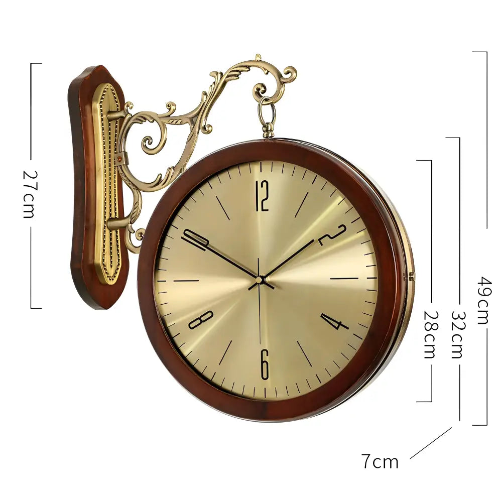 Double-Sided Vintage Wall Clock - Solid Wood, Silent Quartz