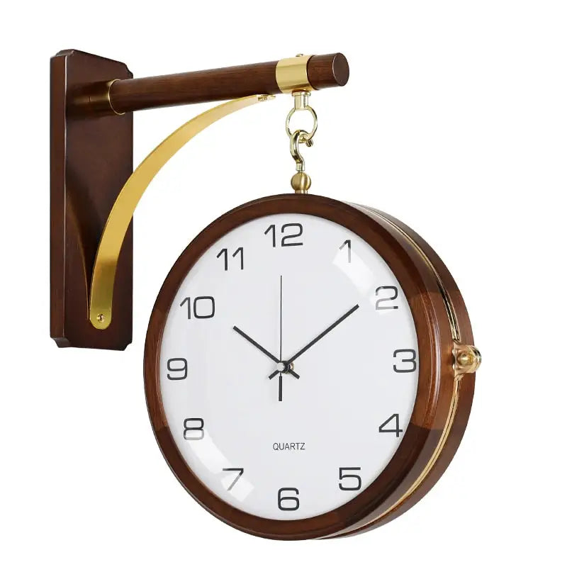 Double-Sided Wall Clock - Silent Sweep, Wood & Glass Mirror