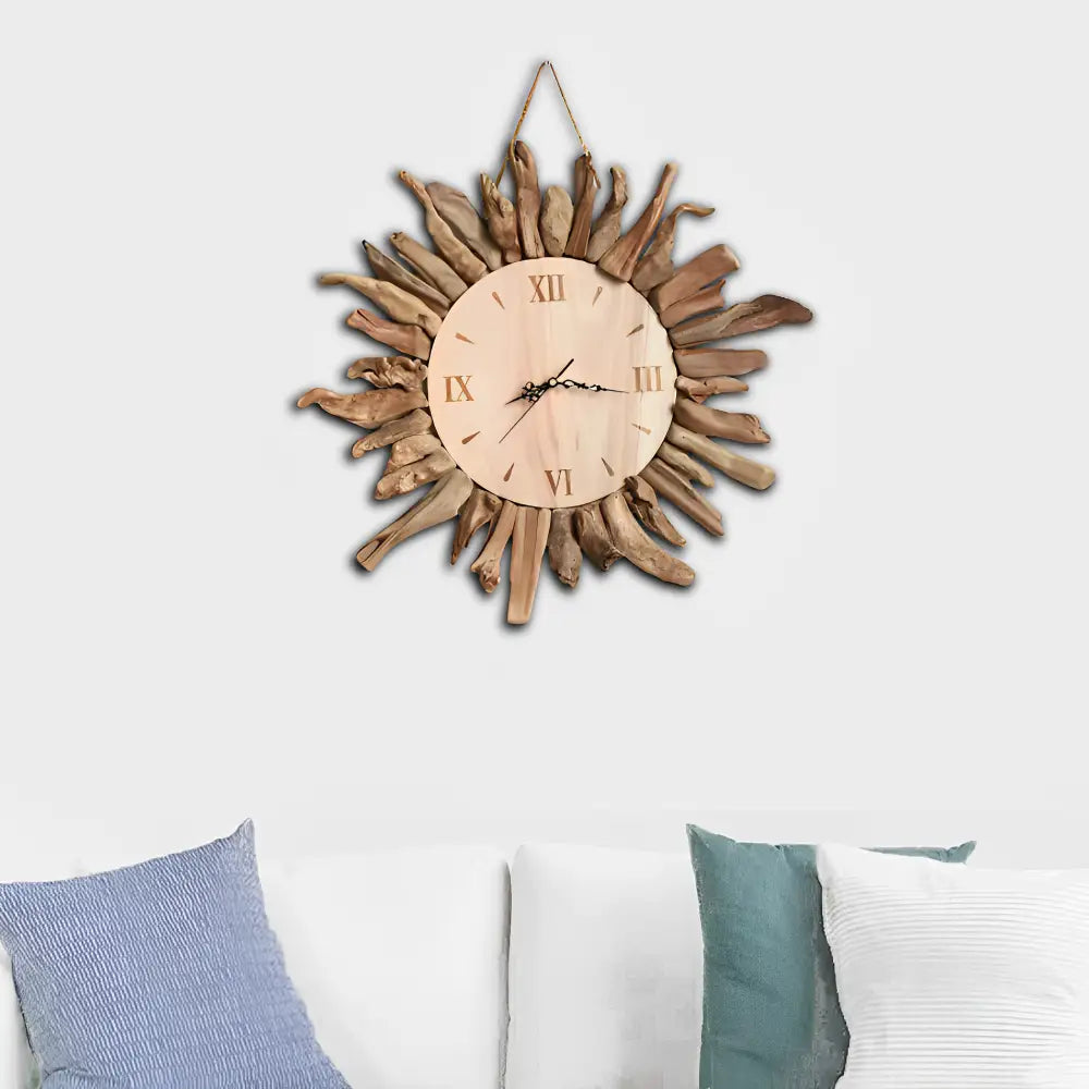 Close-up of natural wood texture on circular sun wall clock