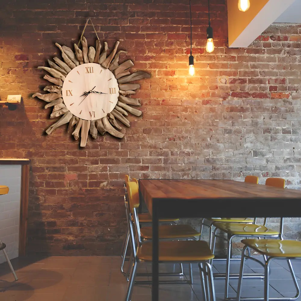 Silent quartz analog wall clock with hour and minute hands on wood face