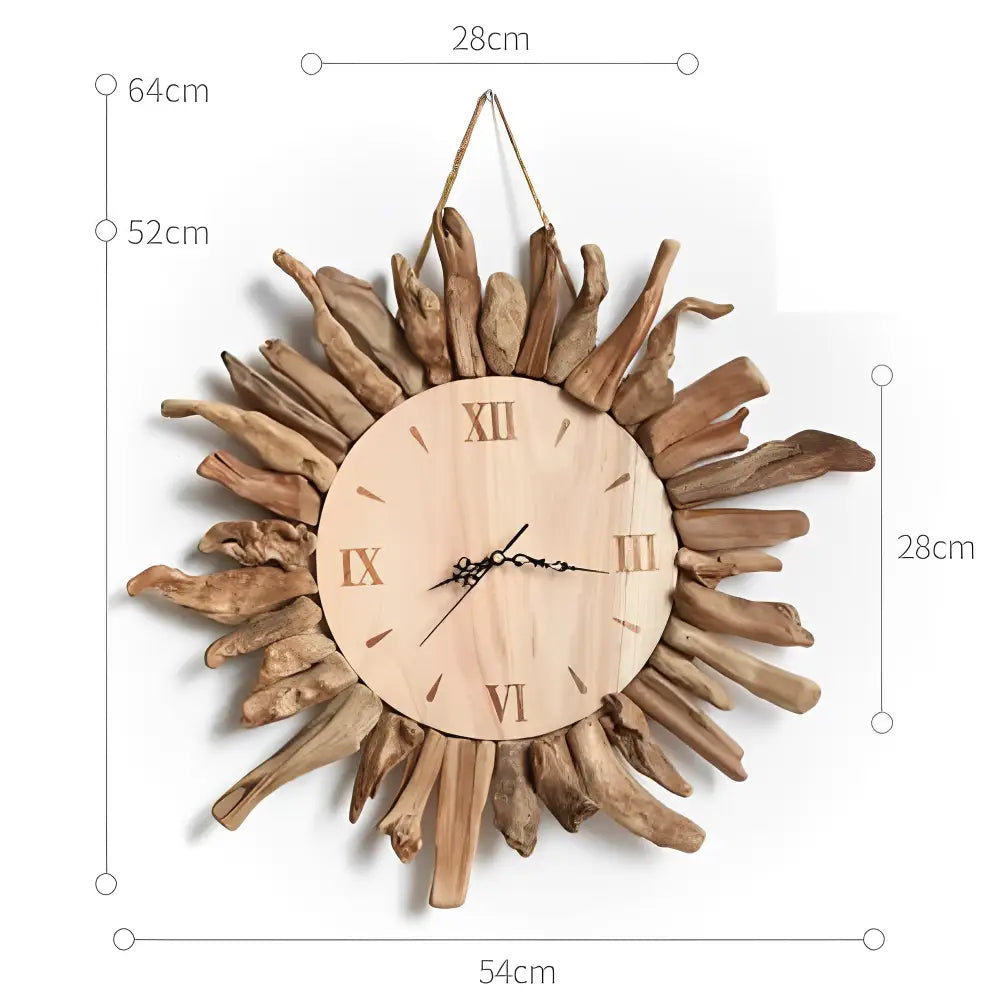 Rustic wooden sun wall clock hanging in a modern living room