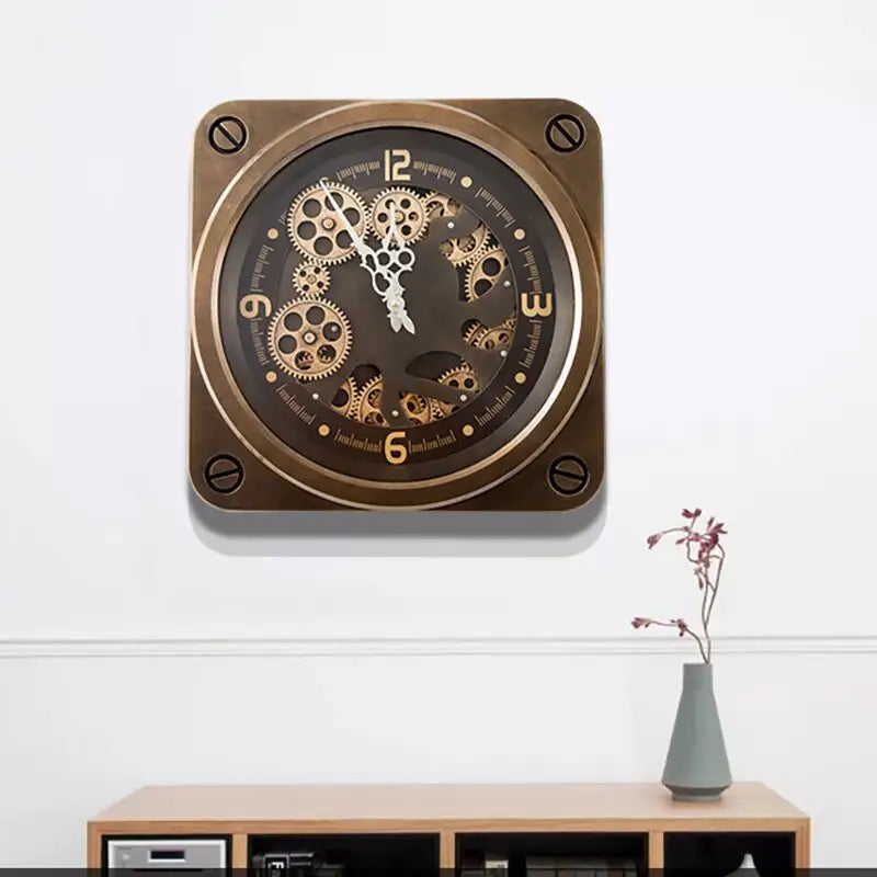 Close-up of spinning gear detail on European decorative wall clock