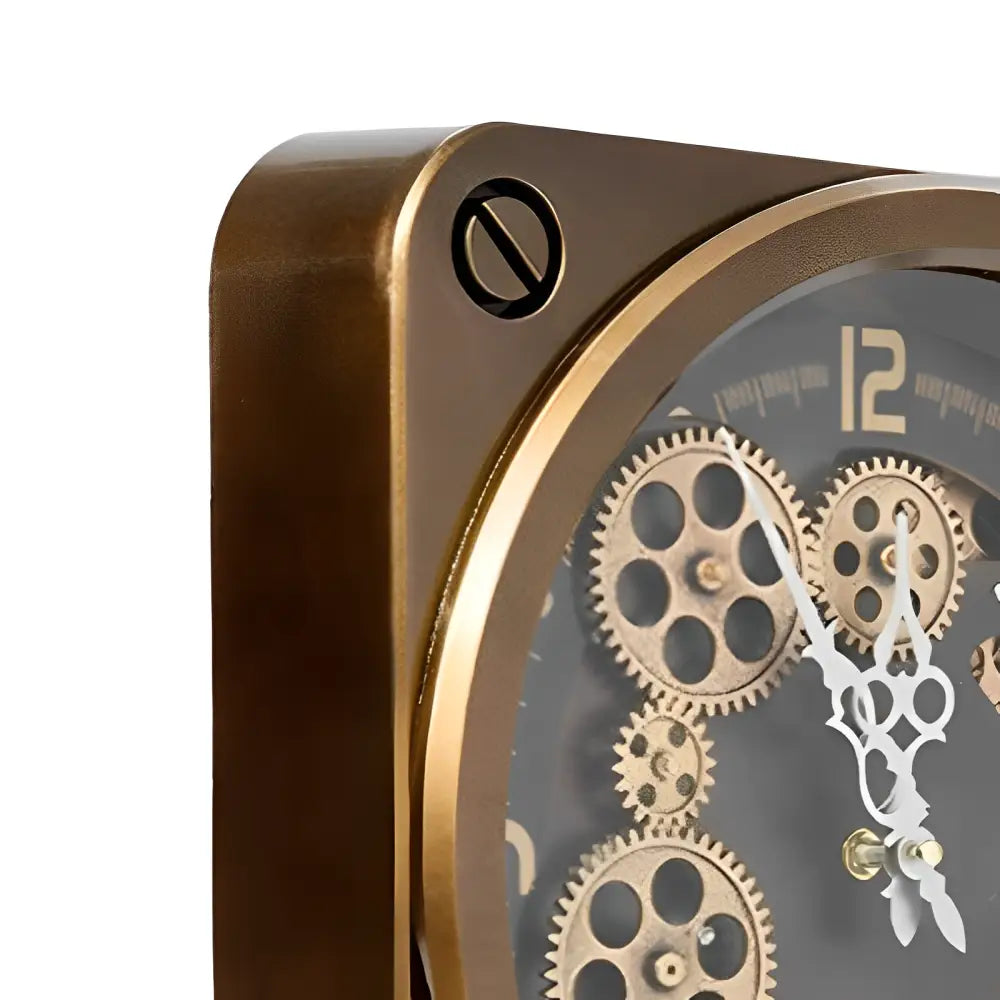 European gear wall clock styled in a modern bedroom setting