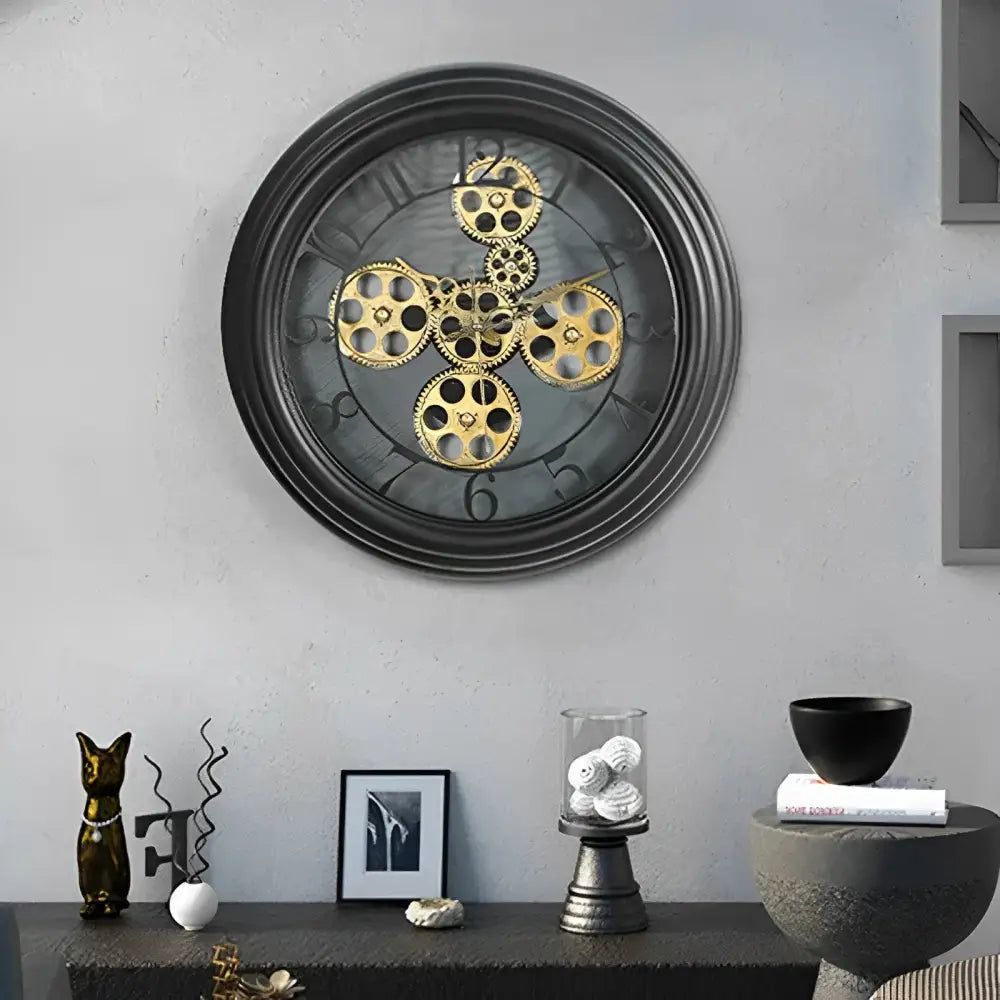 Close-up of visible gear details on industrial wall clock