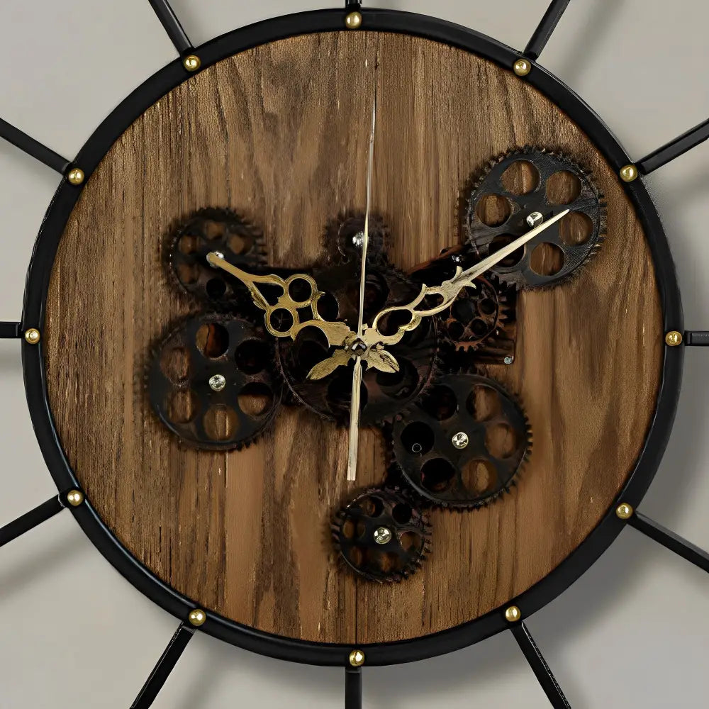 large industrial gear wall clock styled in a modern living room