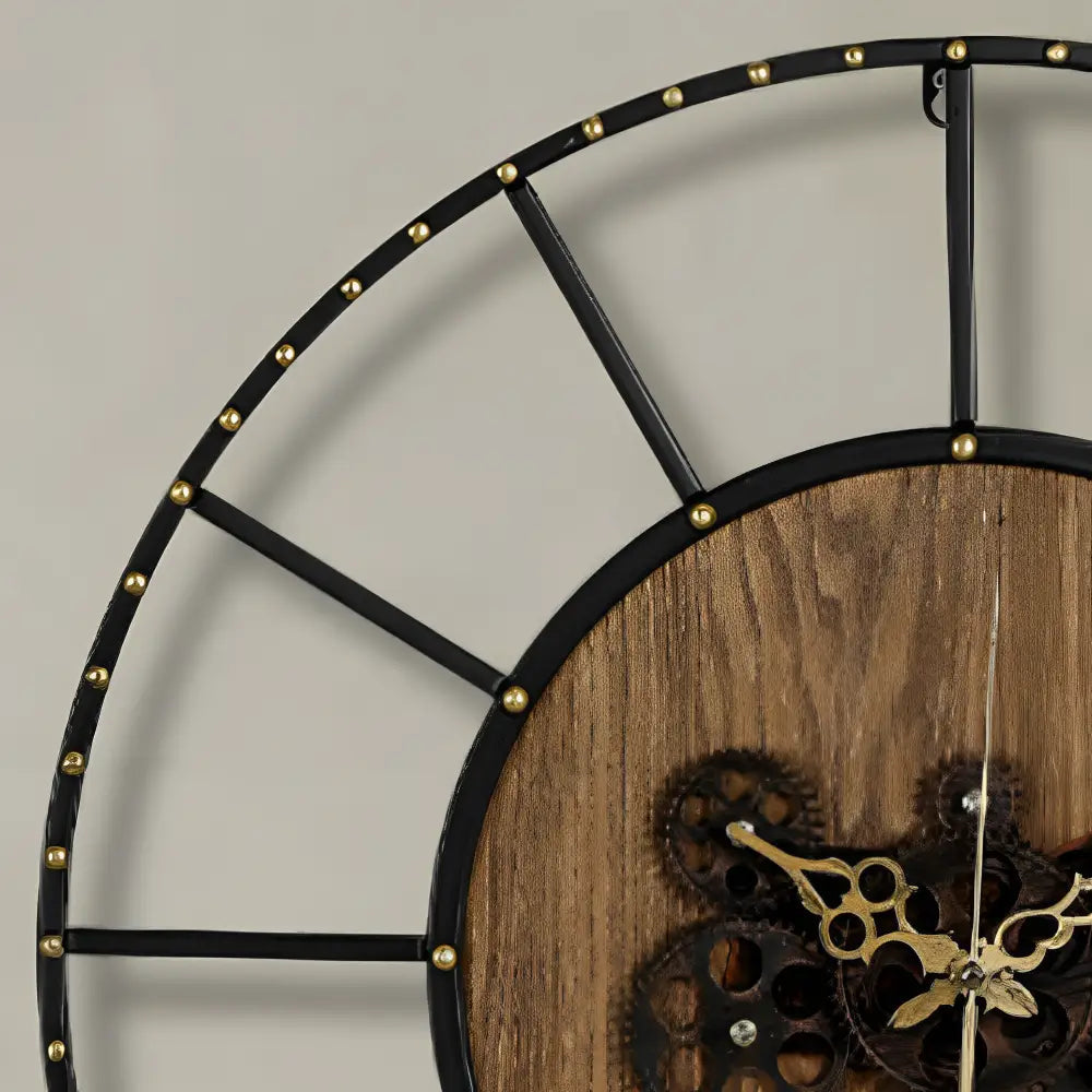 wood and metal gear clock showing full circular 60 cm face