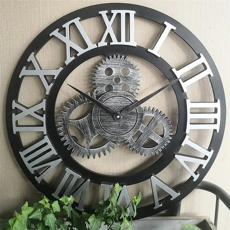 Close-up of silent quartz movement and analog hands on large wood clock