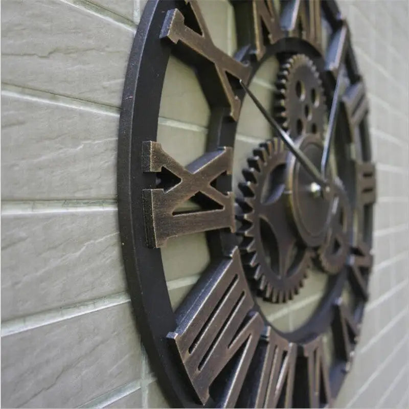 Large vintage-style wooden wall clock above sofa in contemporary interior