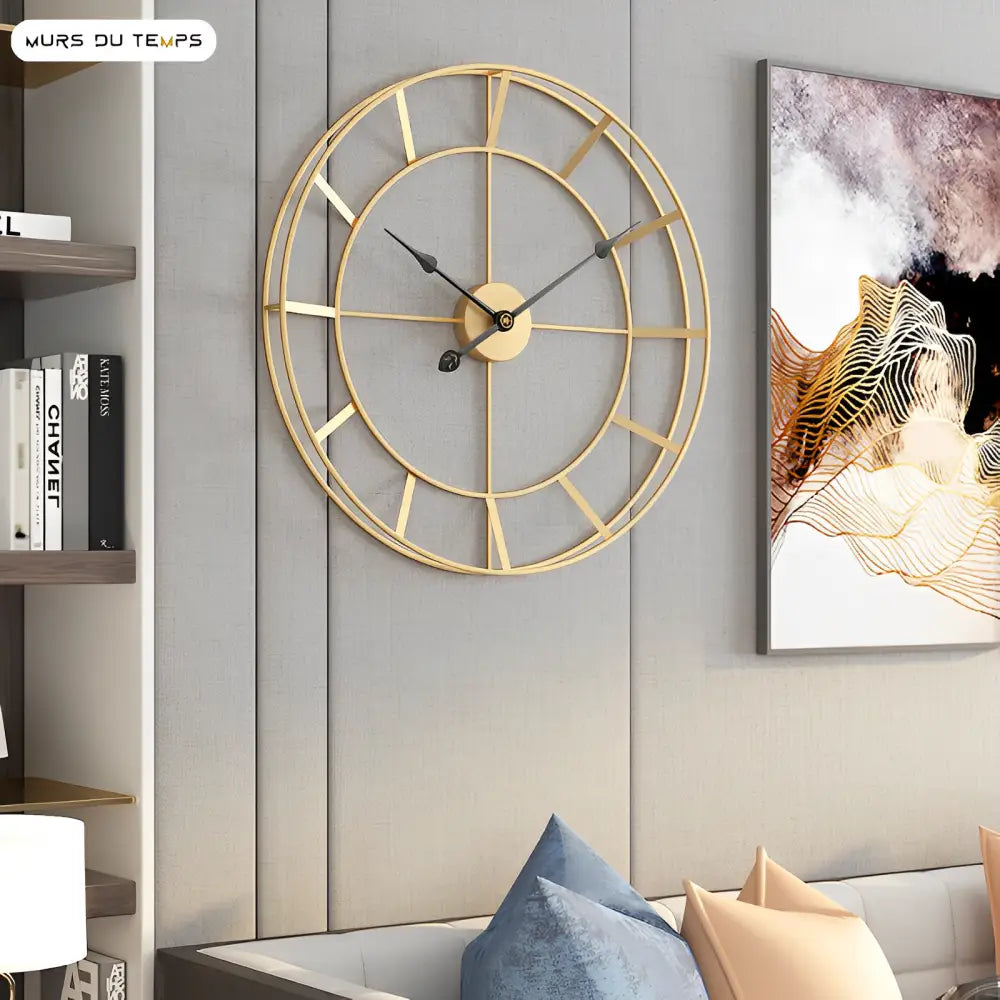 Top view of 50 cm gold metal wall clock showing quartz movement detail