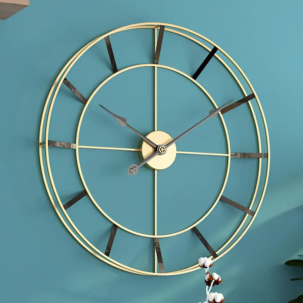 Gold minimalist wall clock styled with contemporary living room decor