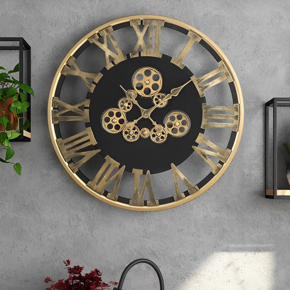 Close-up of rotating gold gears on large metal wall clock