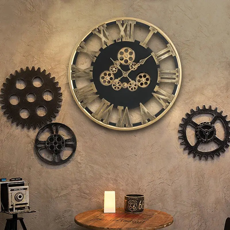 Gold gear wall clock displayed in modern living room