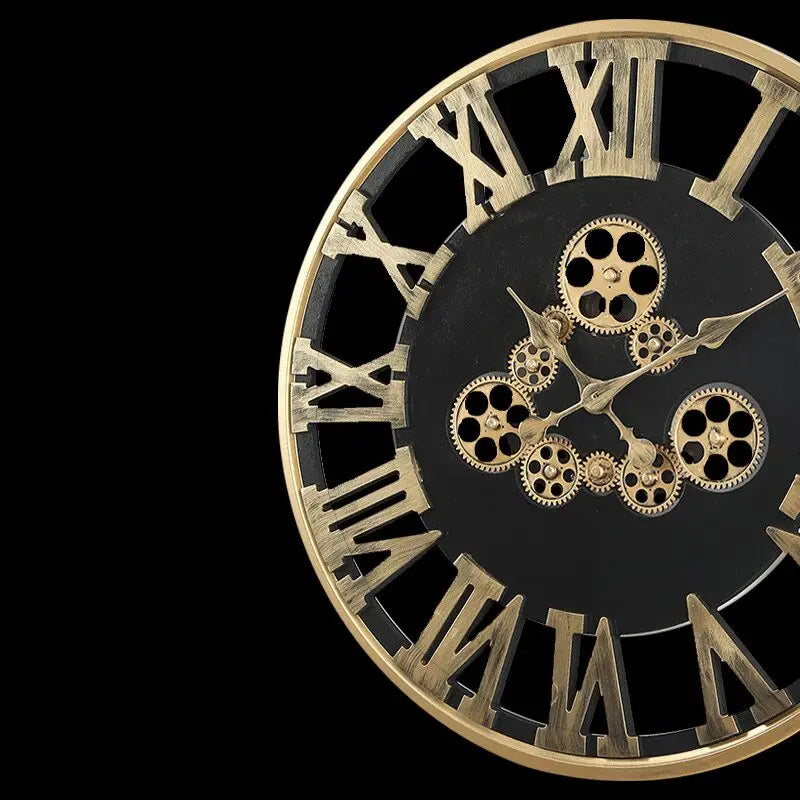 Side profile of 24 inch gold metal gear wall clock showing depth