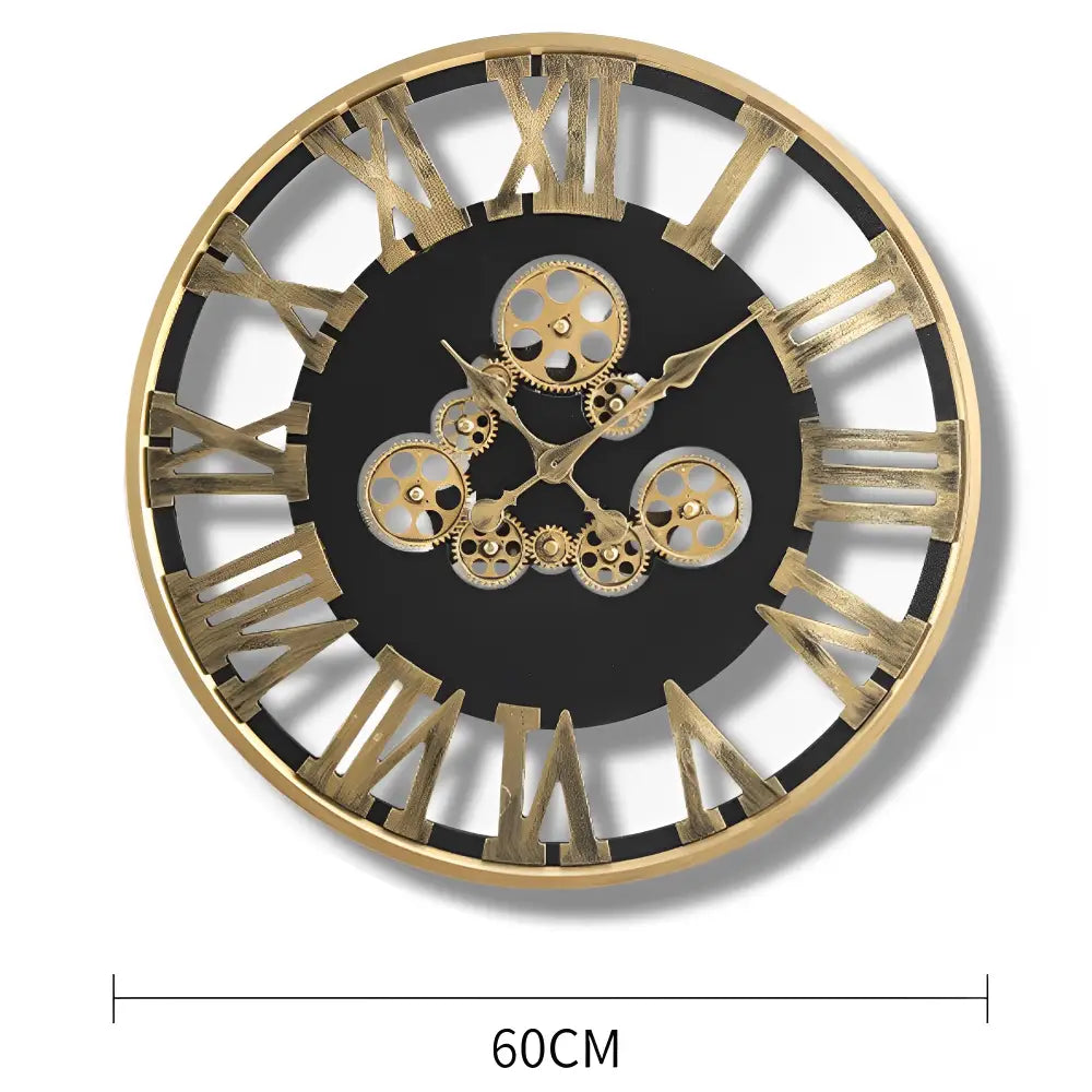 Silent quartz movement detail on gold industrial wall clock
