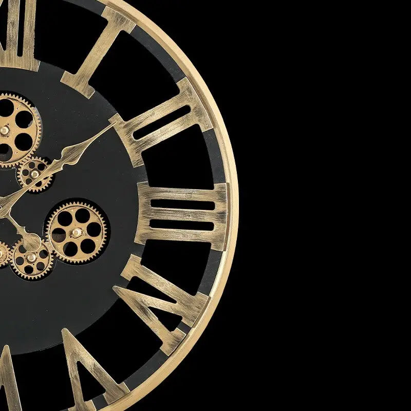 Gold spinning gear wall clock hanging in contemporary office space
