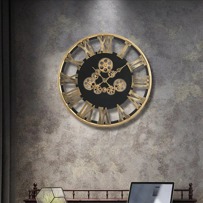 Gold Spinning Gear Wall Clock - Industrial Metal Design