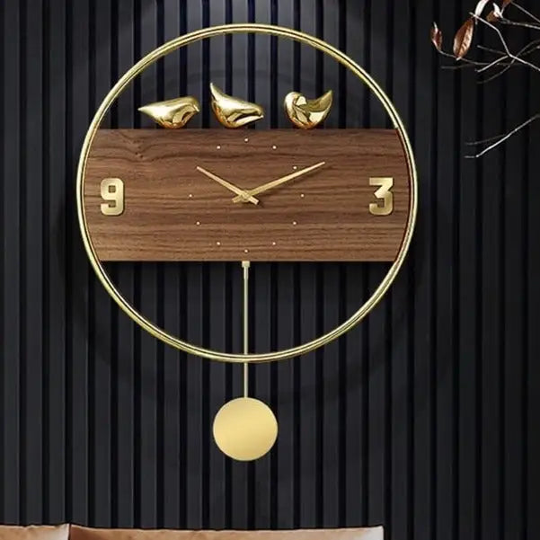 38.5 cm gold wall clock with pendulum swing in living room setting