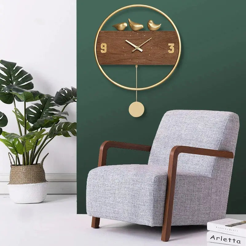 Side view of golden birds wall clock showing wood and bamboo construction