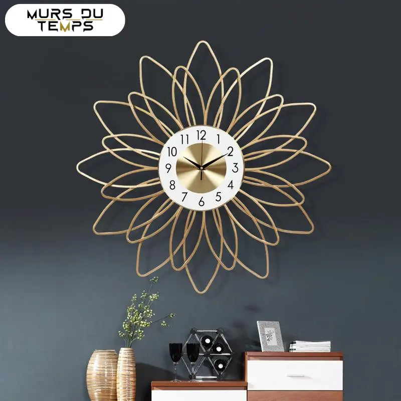 Large 29-inch golden designer wall clock in a modern living room