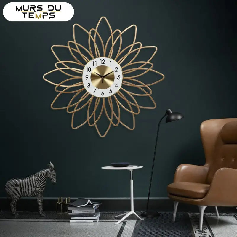 Close-up of silent quartz movement on golden metal wall clock