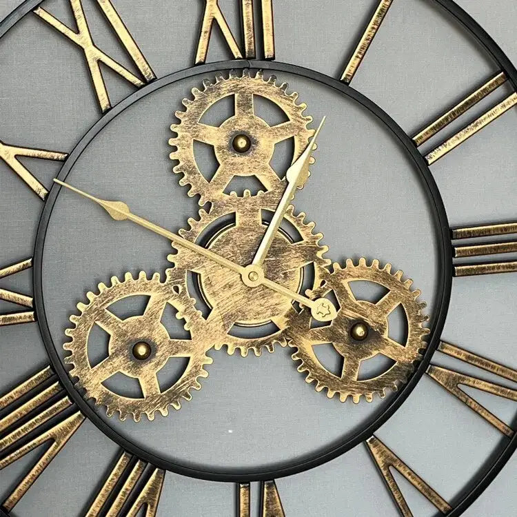60 cm golden gear wall clock displayed in a modern living room