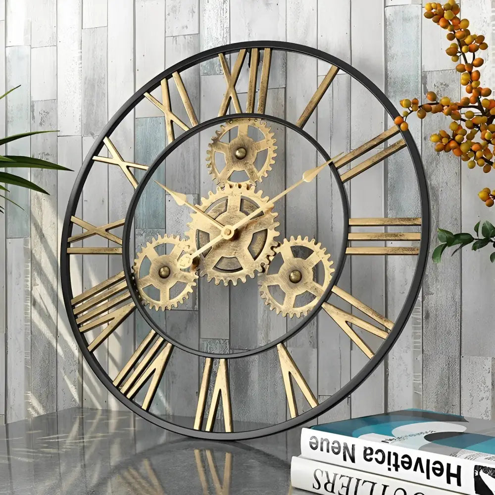 Side view of 3D gear wall clock showing metal depth and texture