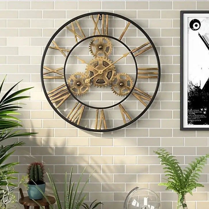 Industrial vintage wall clock with golden gears and silent movement