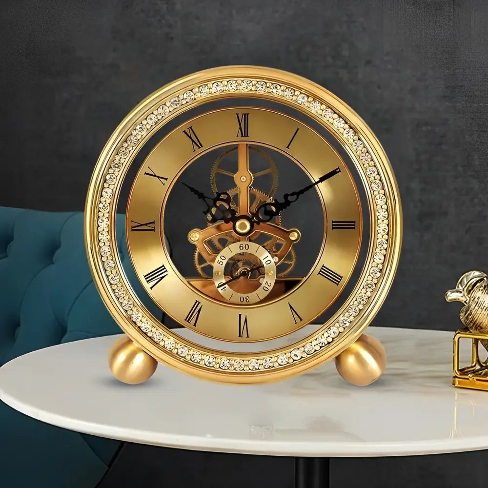 Luxury gold desk clock with geometric glass and crystal design