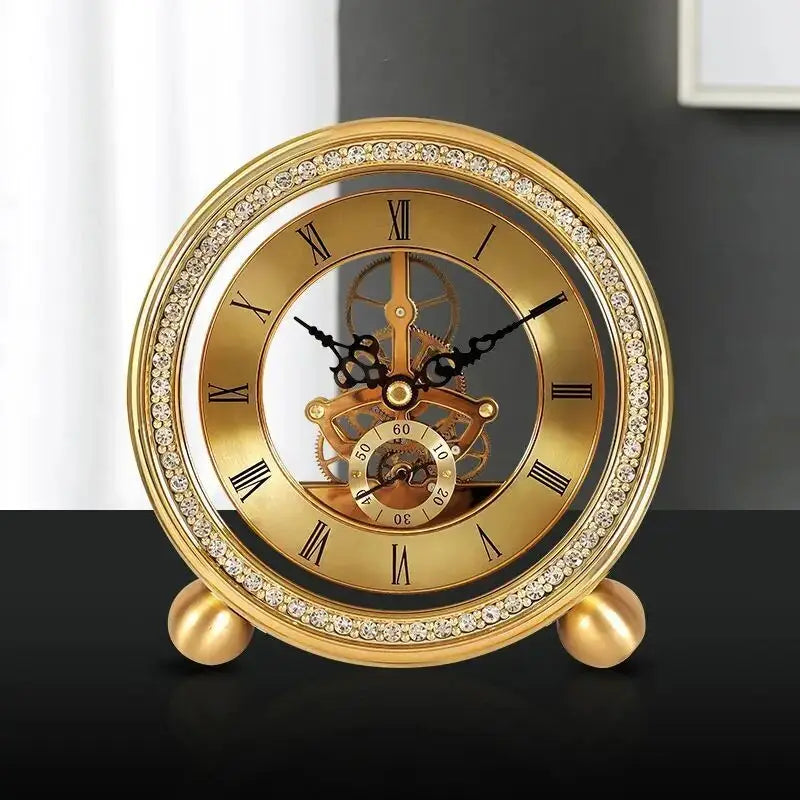 Silent quartz tabletop clock in gold finish - side view
