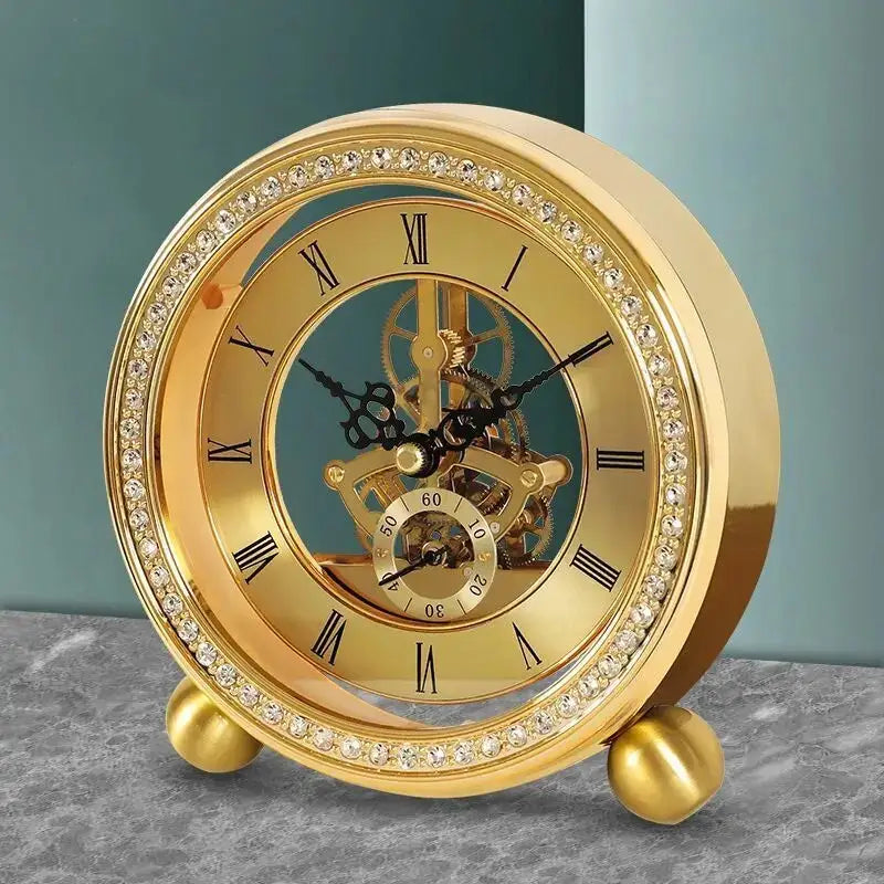 Small golden analog clock displayed on a shelf in a modern living room
