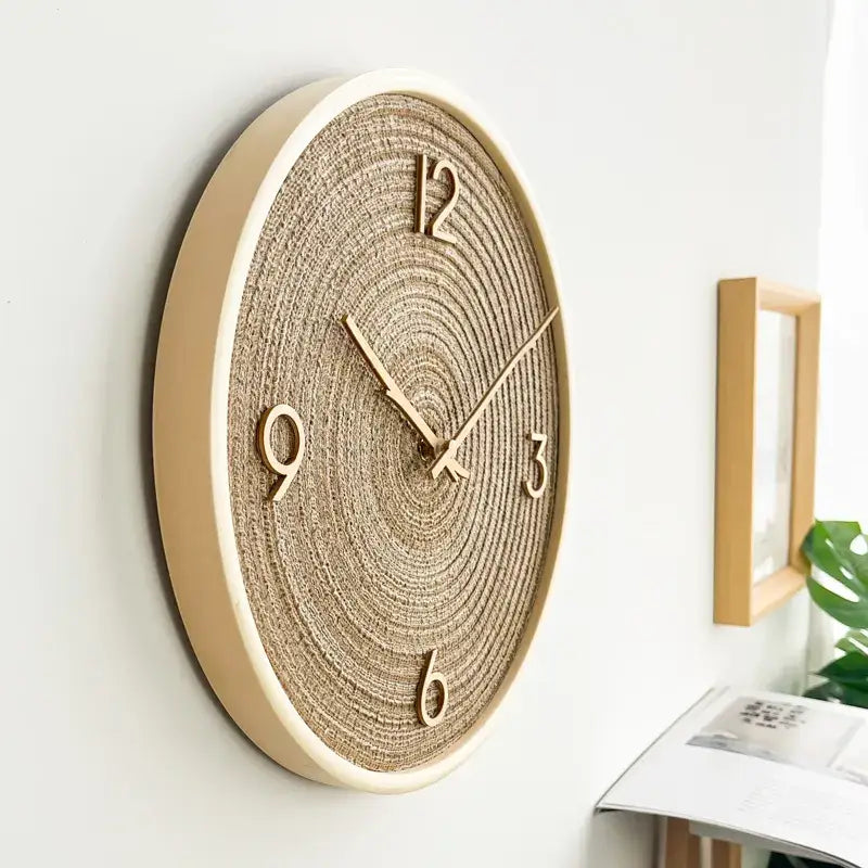 Close-up of bamboo and wood clock body with fabric dial face