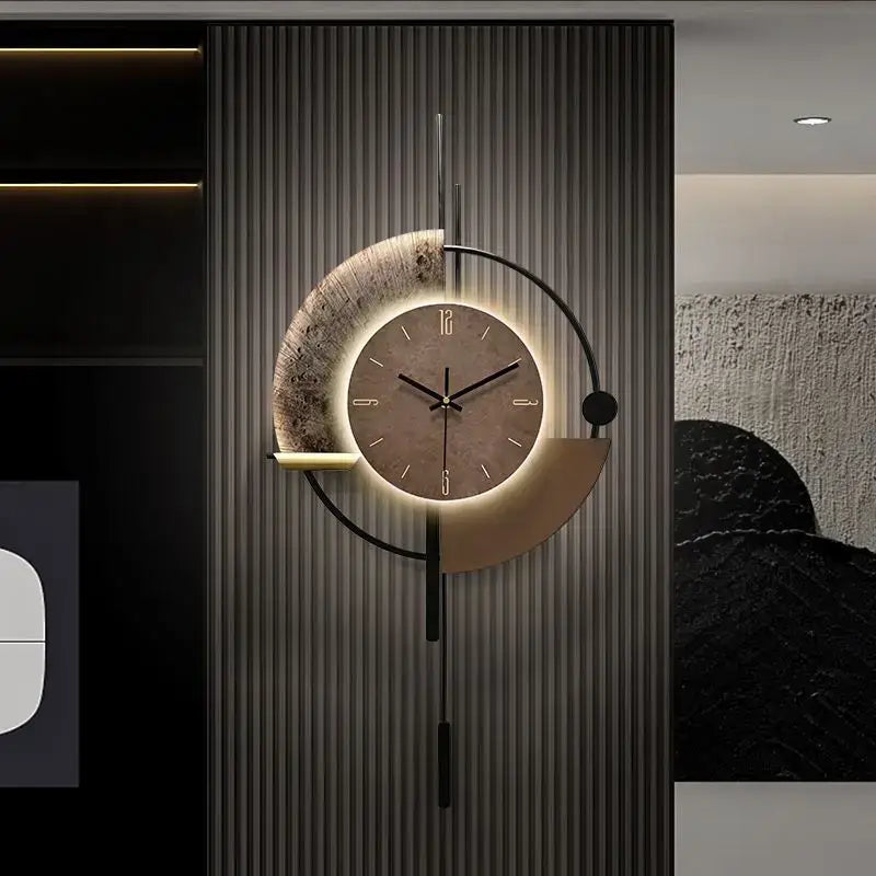 Close-up of circular iron dial and analog hands on LED wall clock