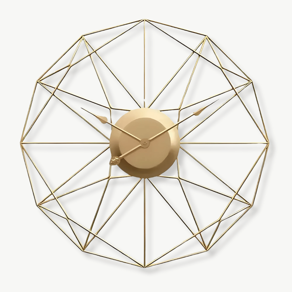 Large 80 cm metal wall clock with gold hands on a white wall