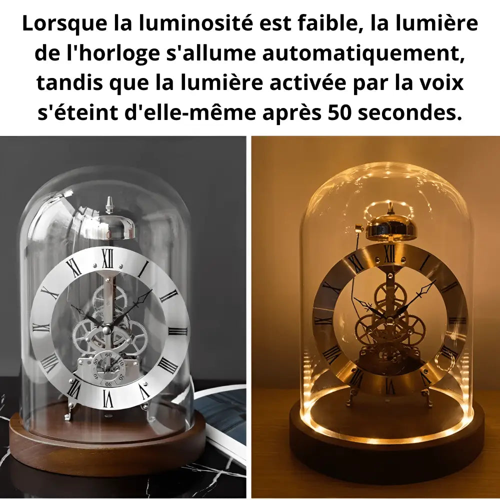 Side view of black walnut base tabletop clock showing 23 cm height
