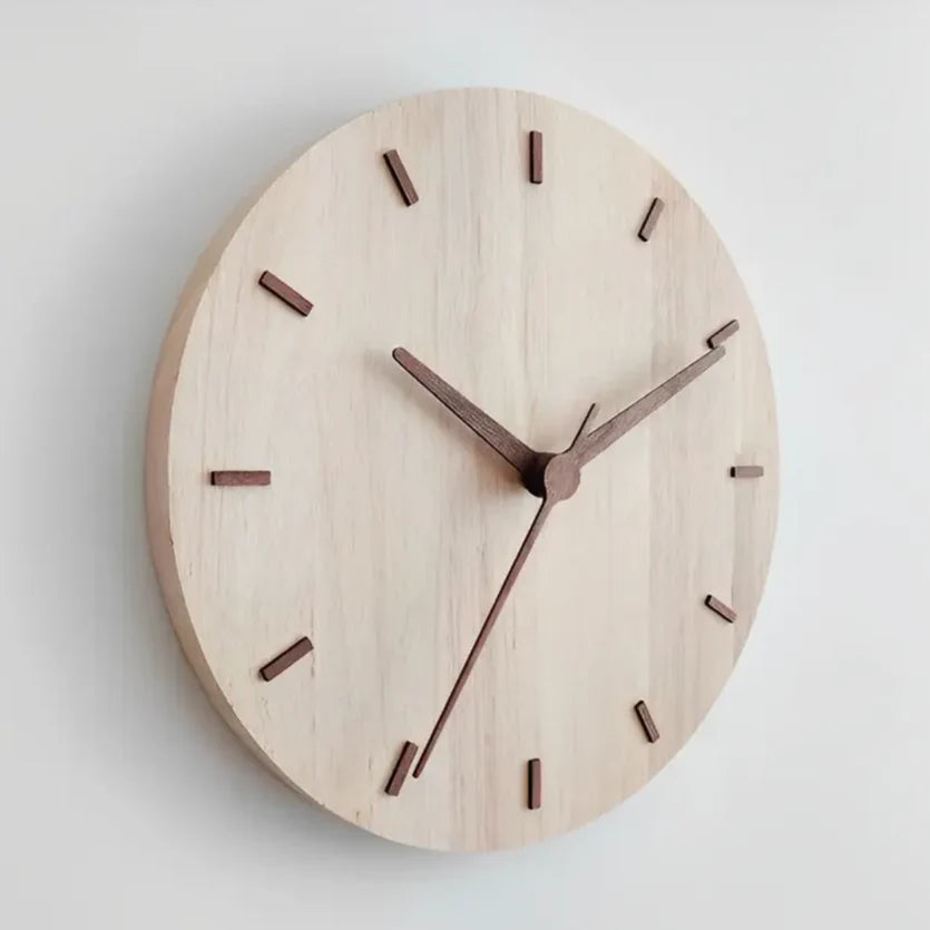 12-inch wooden wall clock in a Scandinavian-style bedroom