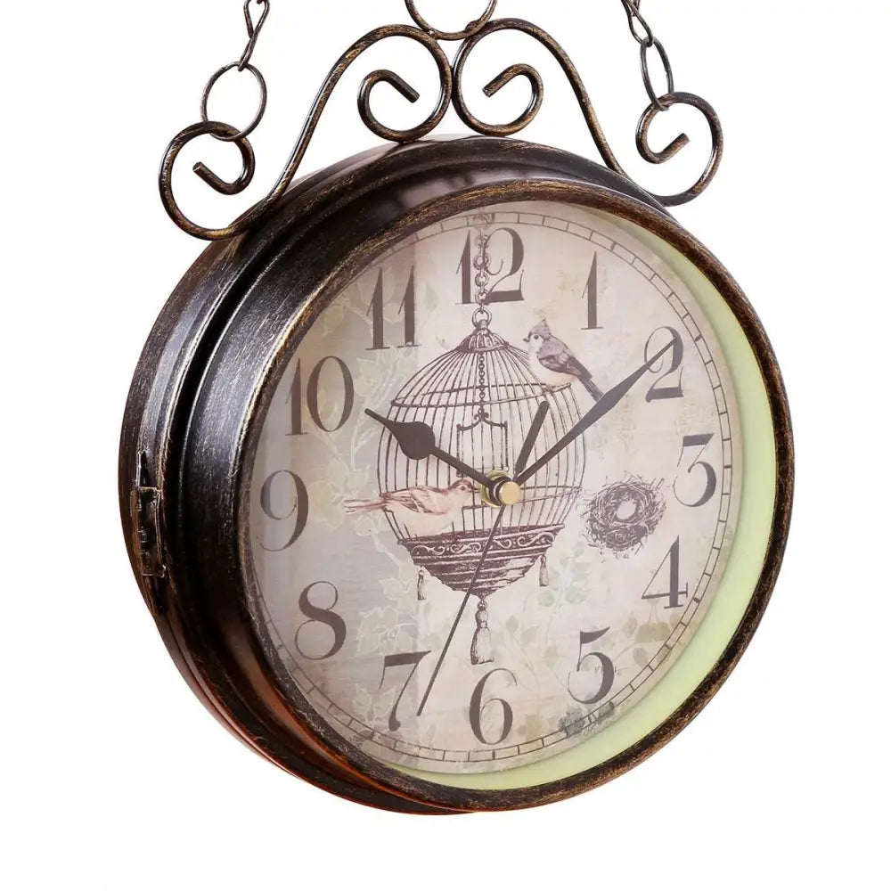 Antique Double-Sided Wall Clock - Bird & Cage Design