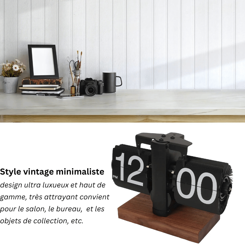 Retro flip clock displayed on a living room shelf with modern decor