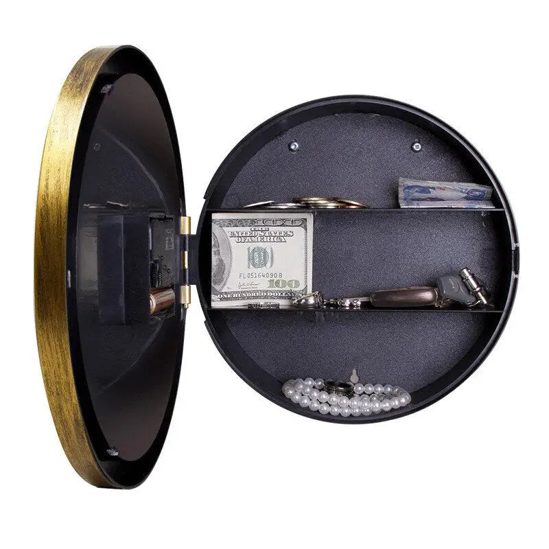 Gold analog wall clock with silent quartz movement and concealed safe