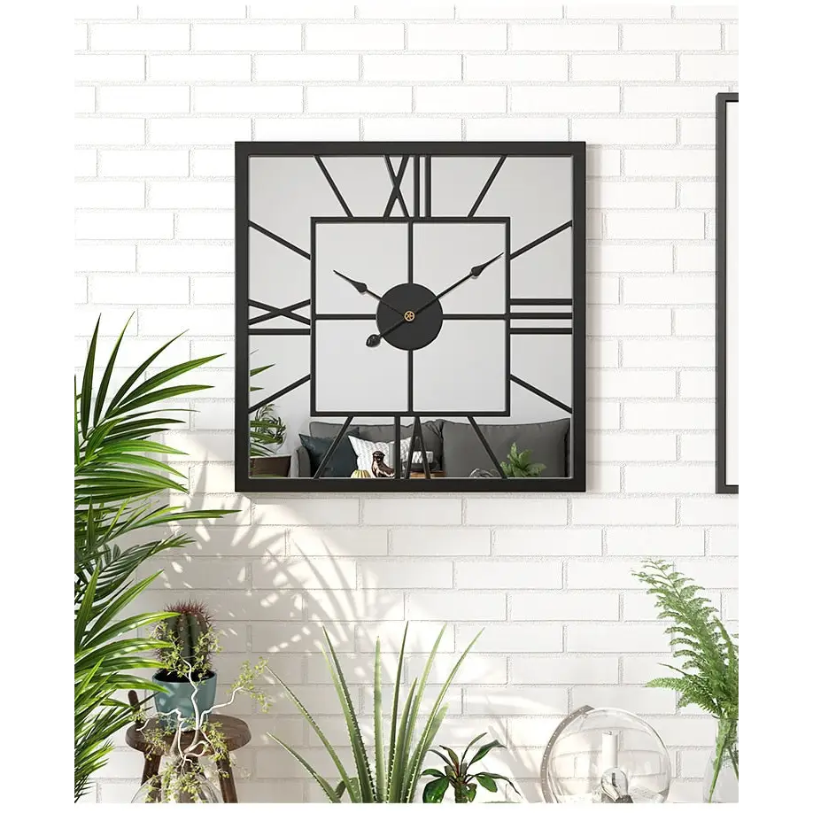 24-inch large square mirror wall clock on modern interior wall