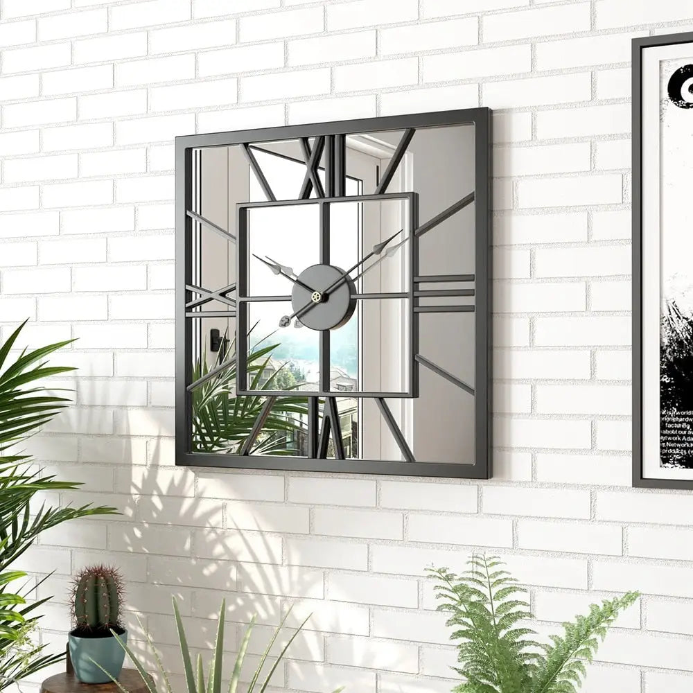 20-inch square mirror wall clock close-up showing Roman numeral markers