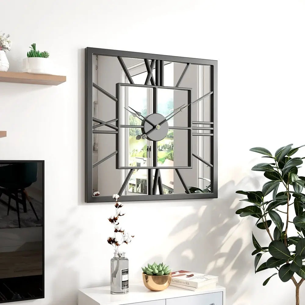 Silent sweep wall clock with plexiglass mirror face in living room
