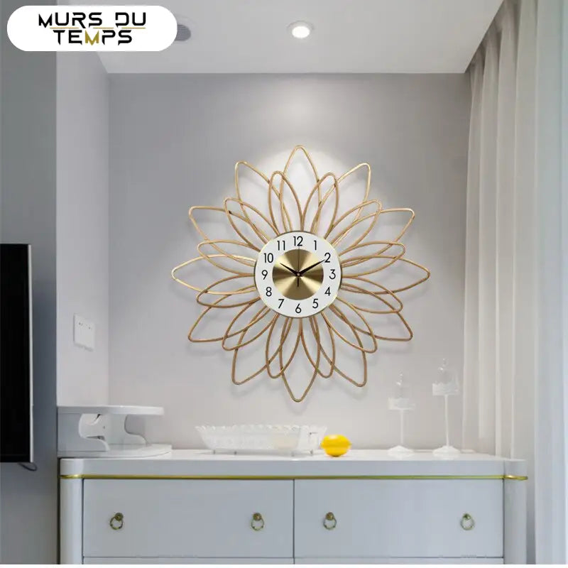 21-inch golden flower wall clock above a sofa in a contemporary interior