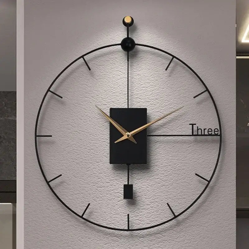 Close-up of slim clock hands on black designer wall clock