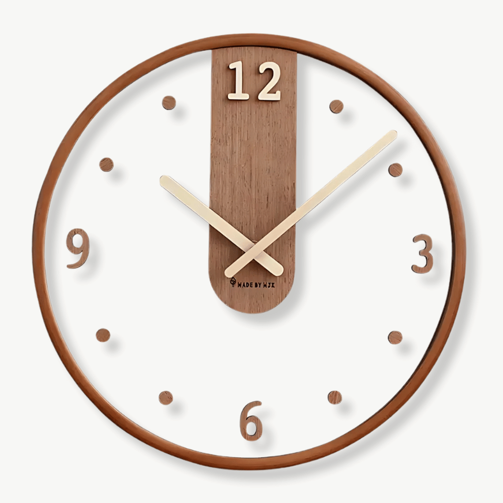 Original Japanese-style round wooden wall clock in natural wood finish, 12 inches