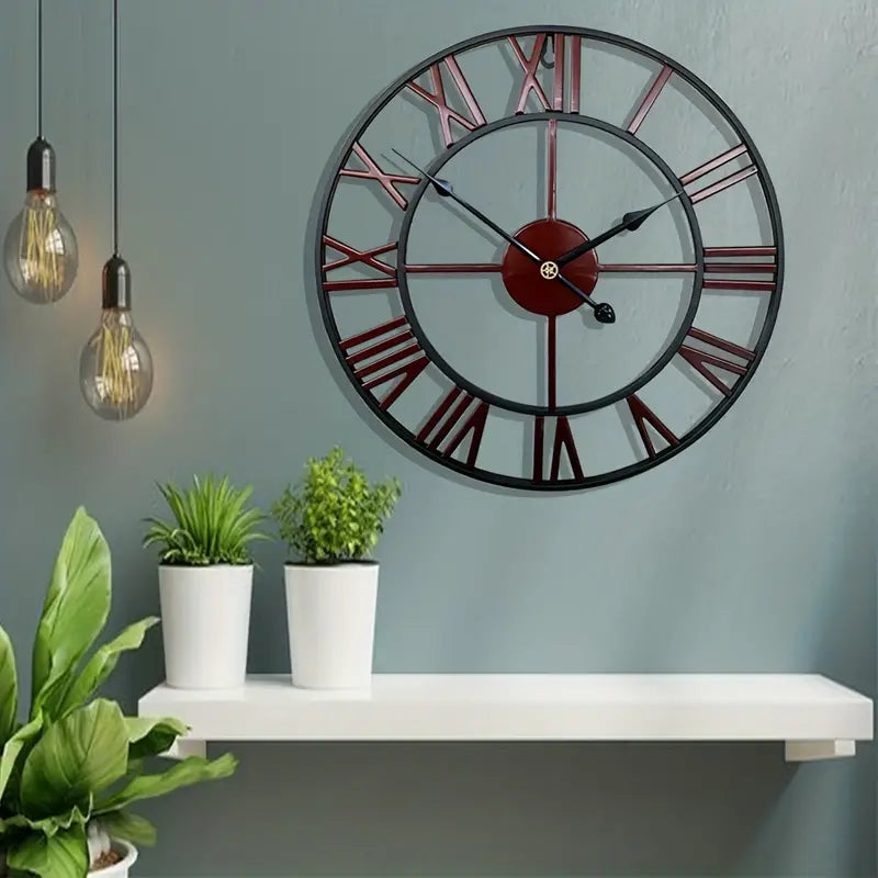 Close-up of copper red wall clock face showing quartz movement and hour markers