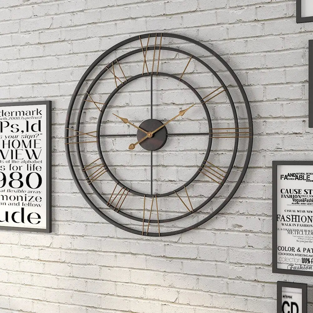 Close-up of metal plate and analog dial on industrial wall clock
