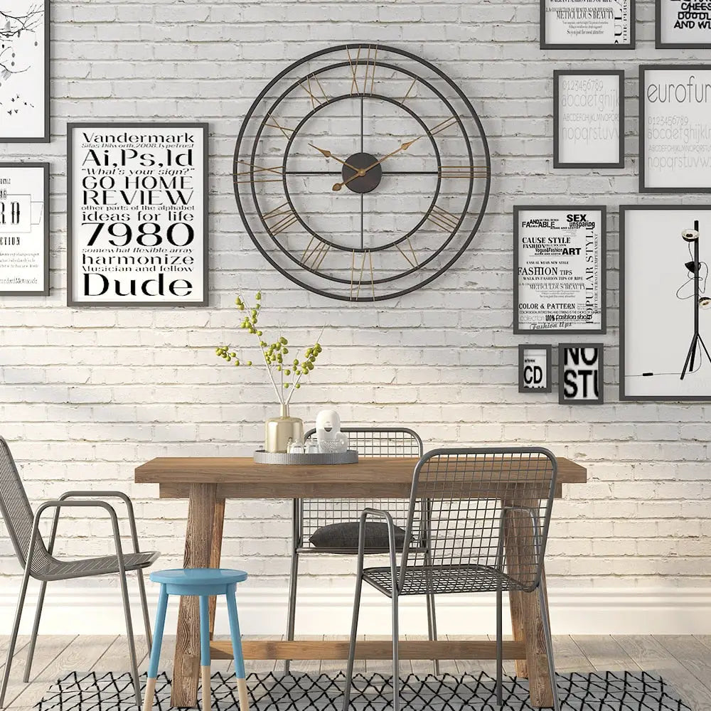 Industrial iron wall clock detail showing hour and minute hands