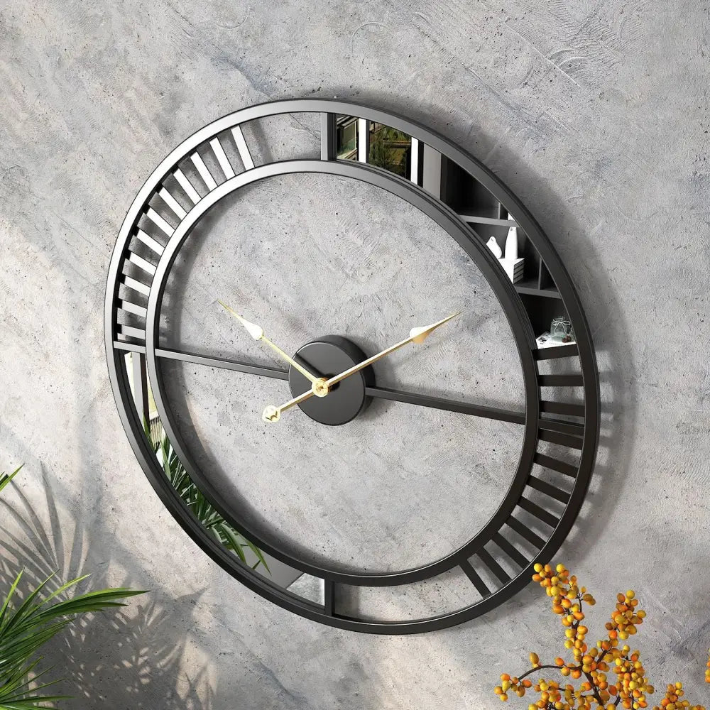 Close-up of silent analog movement on industrial metal wall clock